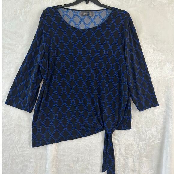 Chico's Travelers Asymmetrical Knot Hem Top 3 XL Black Blue - Picture 1 of 10